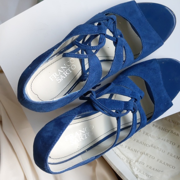 Franco Sarto Royal Blue Lace Up Deco Suede Wedge 7 - Picture 14 of 17